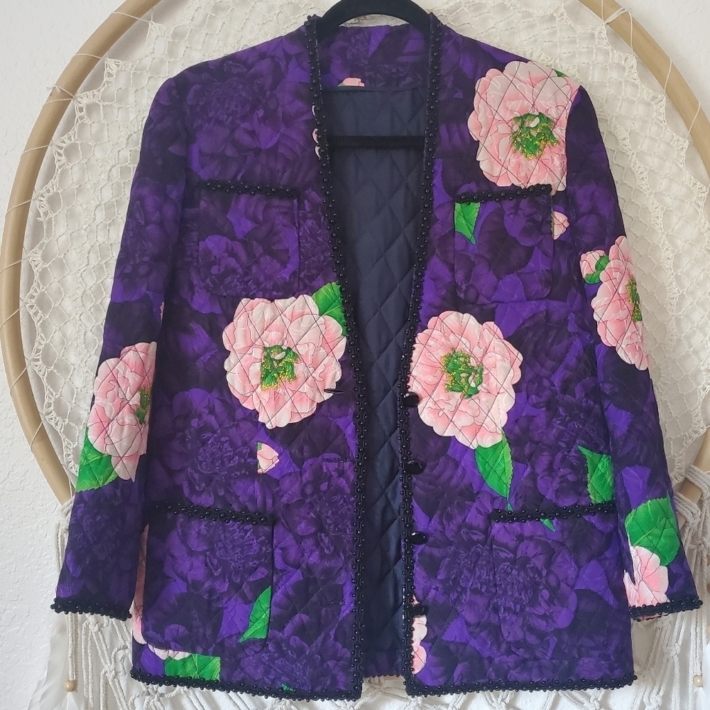 Vintage Floral Quilted Beaded Chore V-Neck Pocket Purple Jacket